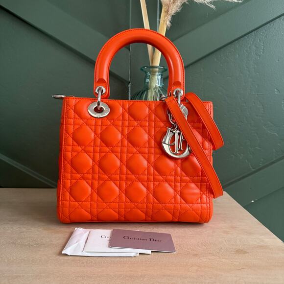 129 CHRISTIAN DIOR LADY ORANGE MEDIUM SHOULDER BAG SILVER HW